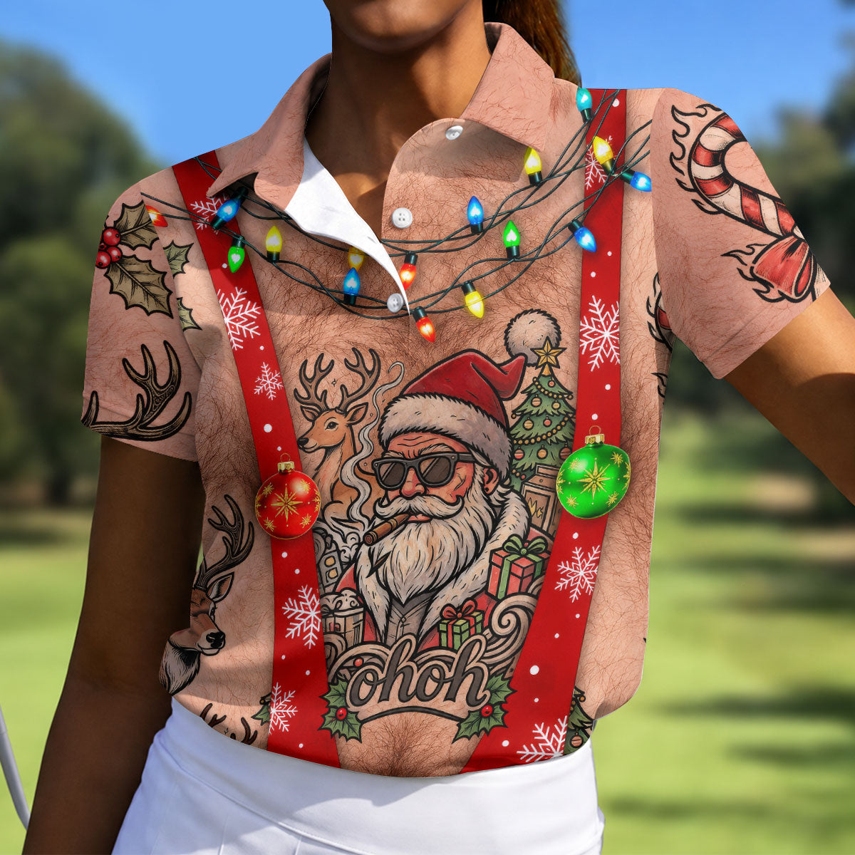 Funny Santa Suspenders Christmas Golf Polo Shirt, Women's Golf Tops, Golf Tops For Women