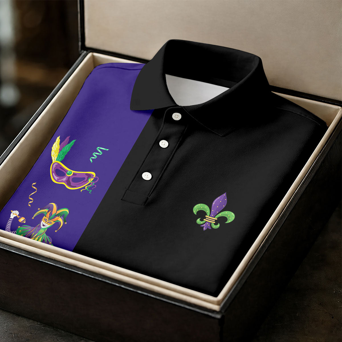 Mardi Gras Festival Jester Figure Fleur De Lis Symbol Black Golf Shirt, Women's Golf Tops, Ladies Golf Polos