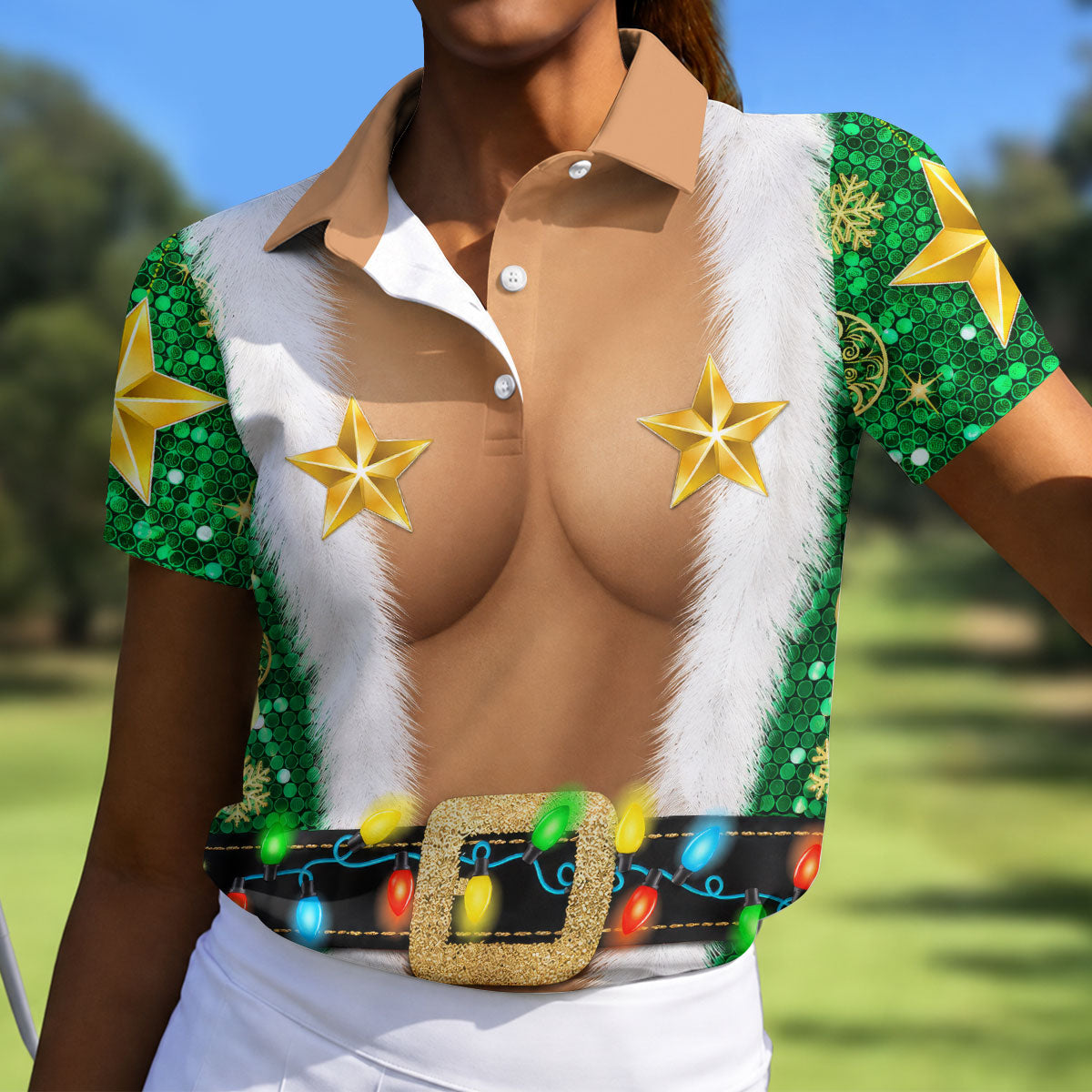 Green Santa Gold Stars Christmas Golf Polo Shirt, Ladies Golf Shirt, Women’s Golf Apparel