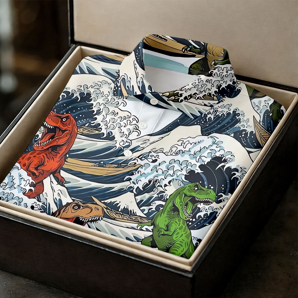 T Rex Surfing Great Wave Golf Polo Shirt, Men's Golf Shirt, Printed Golf Shirts