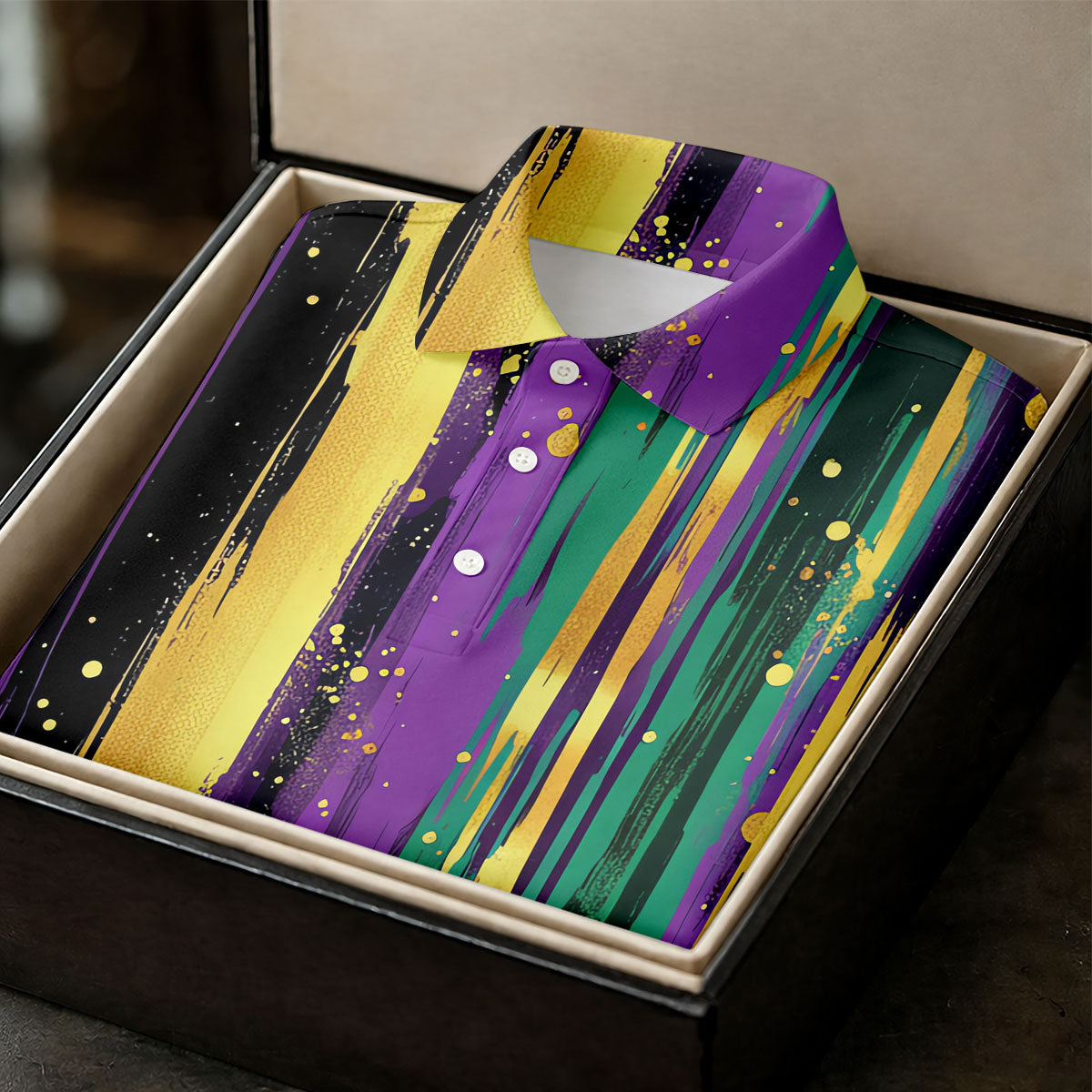 Green Purple Gold Splatter Effect Mardi Gras Golf Shirt, Women's Golf Tops, Ladies Golf Polos