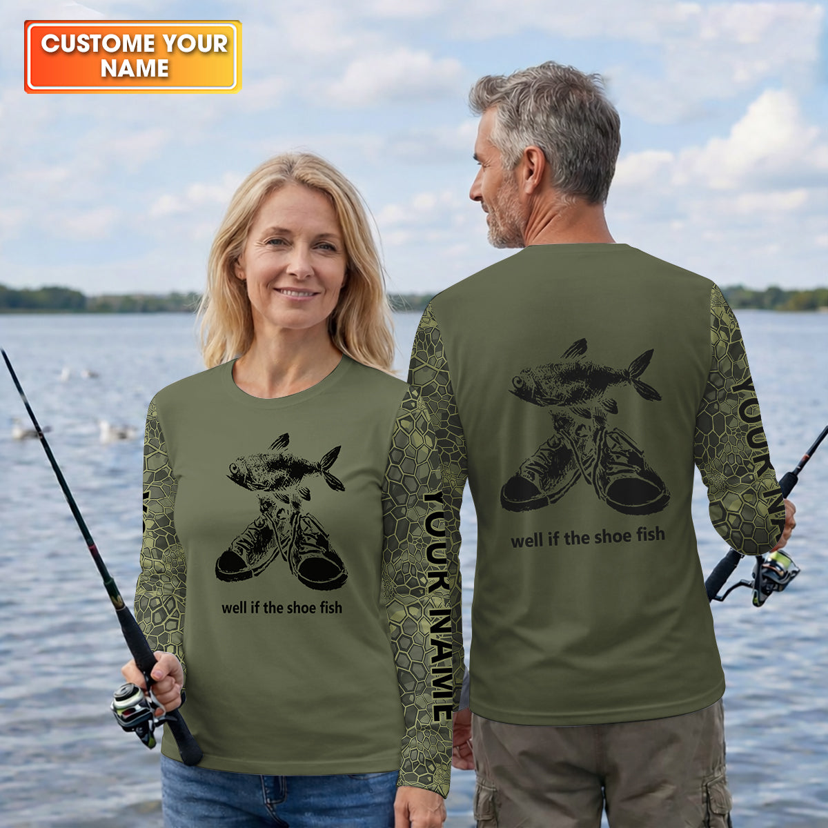 Well If The Shoe Fish Green Camo Fishing UPF Shirts, Funny Fishing Shirt, Fishing Gift for Men