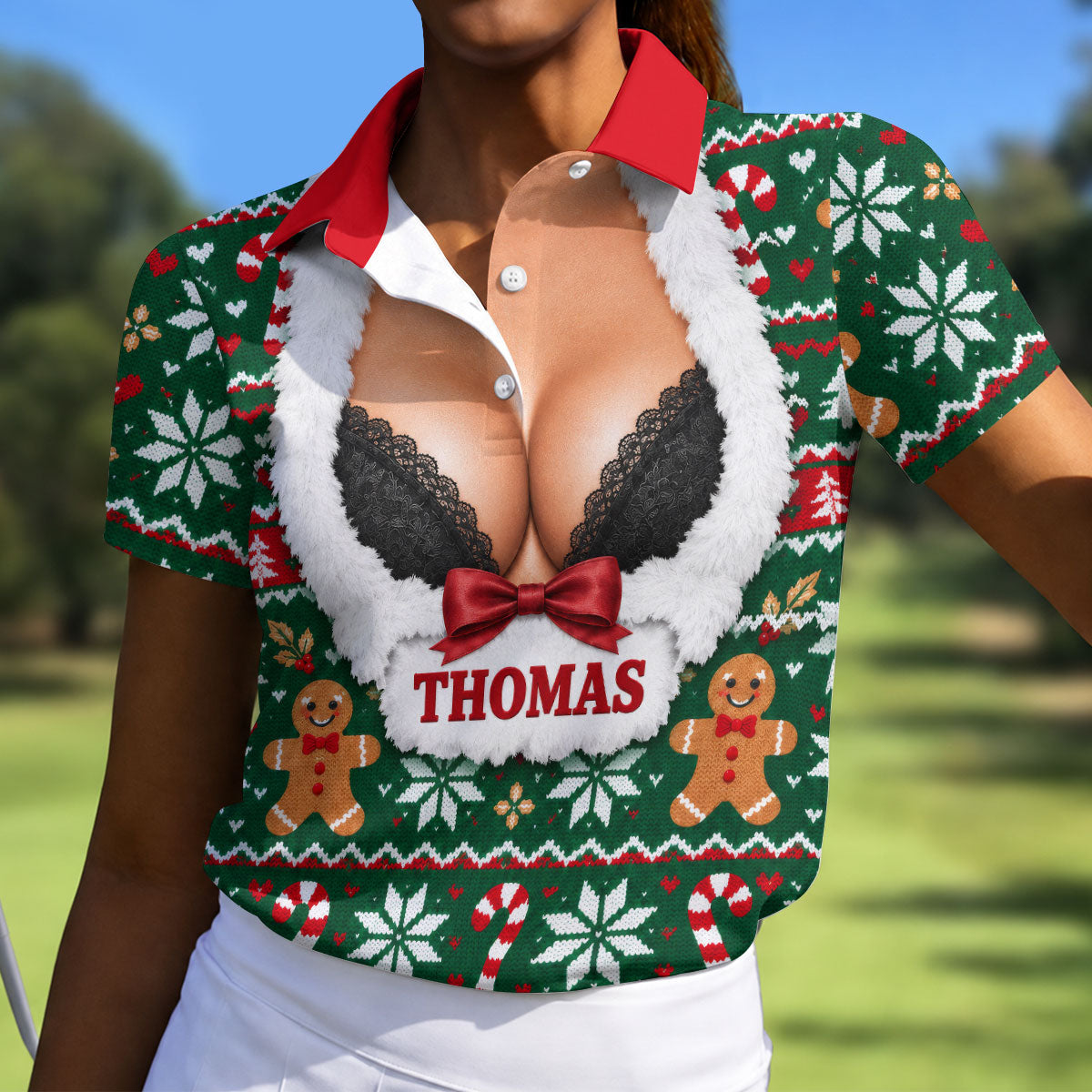 Custom Name Sexy Cleavage Christmas Golf Shirt, Womens Golf Tops, Ladies Golf Shirts