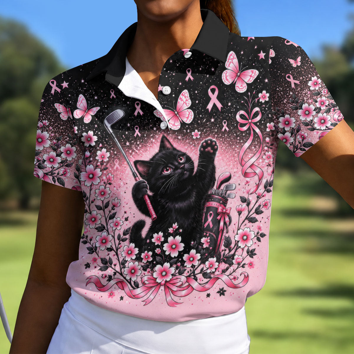 Black Cat Breast Cancer Ribbons Polo Shirt, Womens Golf Tops, Golf Polo For Women