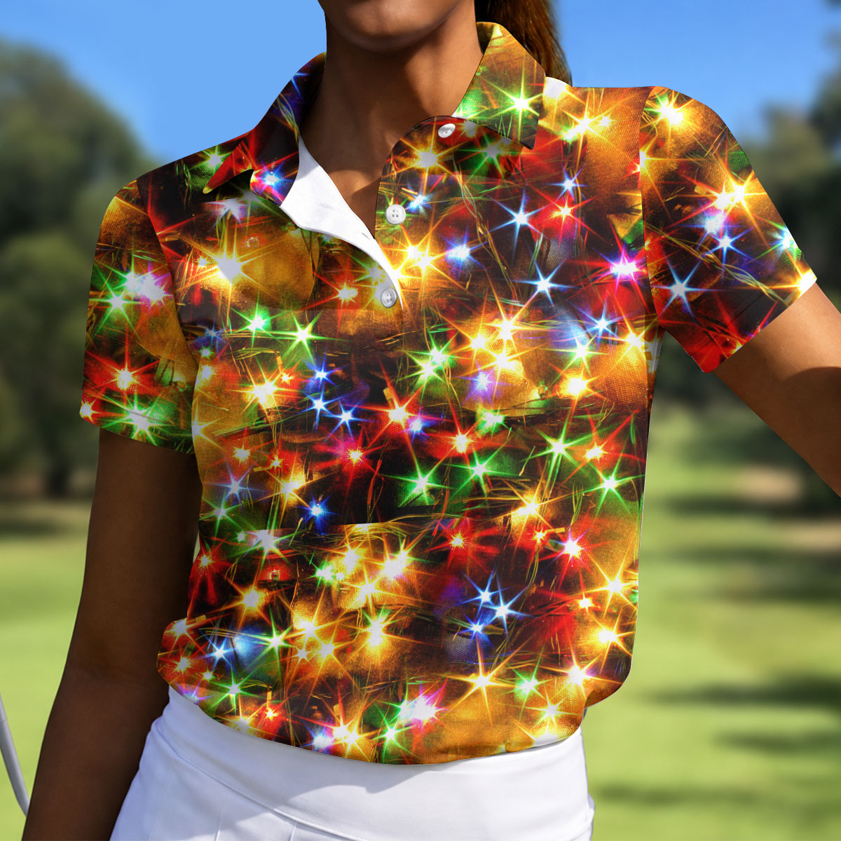 Sparkling Lights Christmas Golf Shirt, Golf Tops For Women, Ladies Golf Shirts