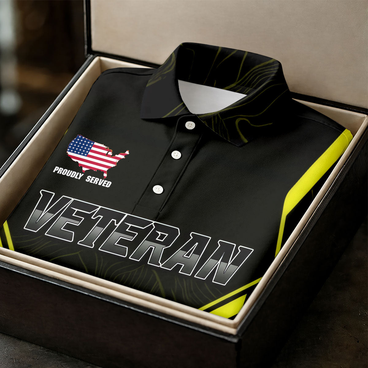 Personalized Veteran America 250 Polo Shirt Yellow Accent, Golf Shirts For Men, Mens Golf Apparel
