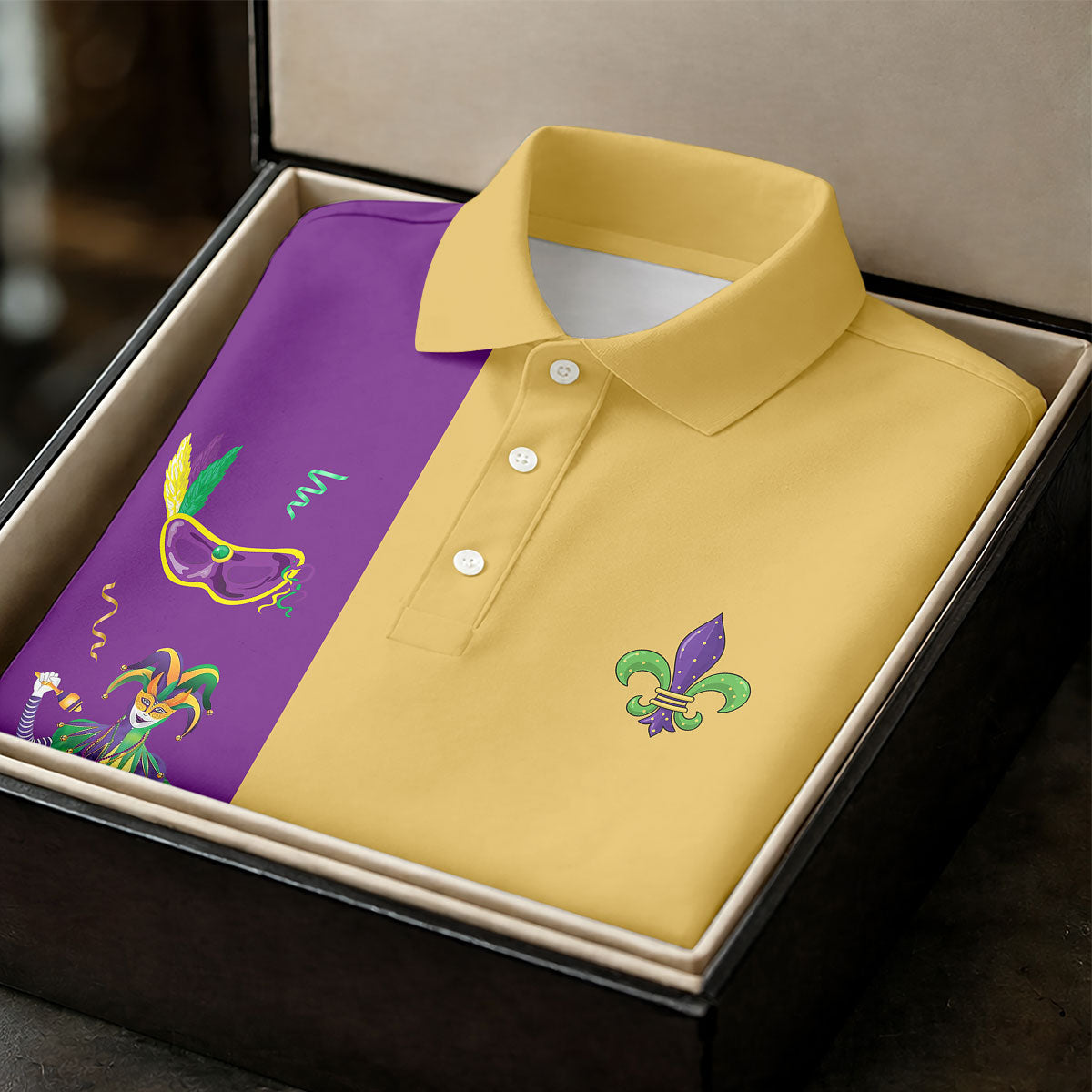 Mardi Gras Festival Jester Figure Fleur De Lis Symbol Yellow Golf Shirt, Women's Golf Tops, Ladies Golf Polos