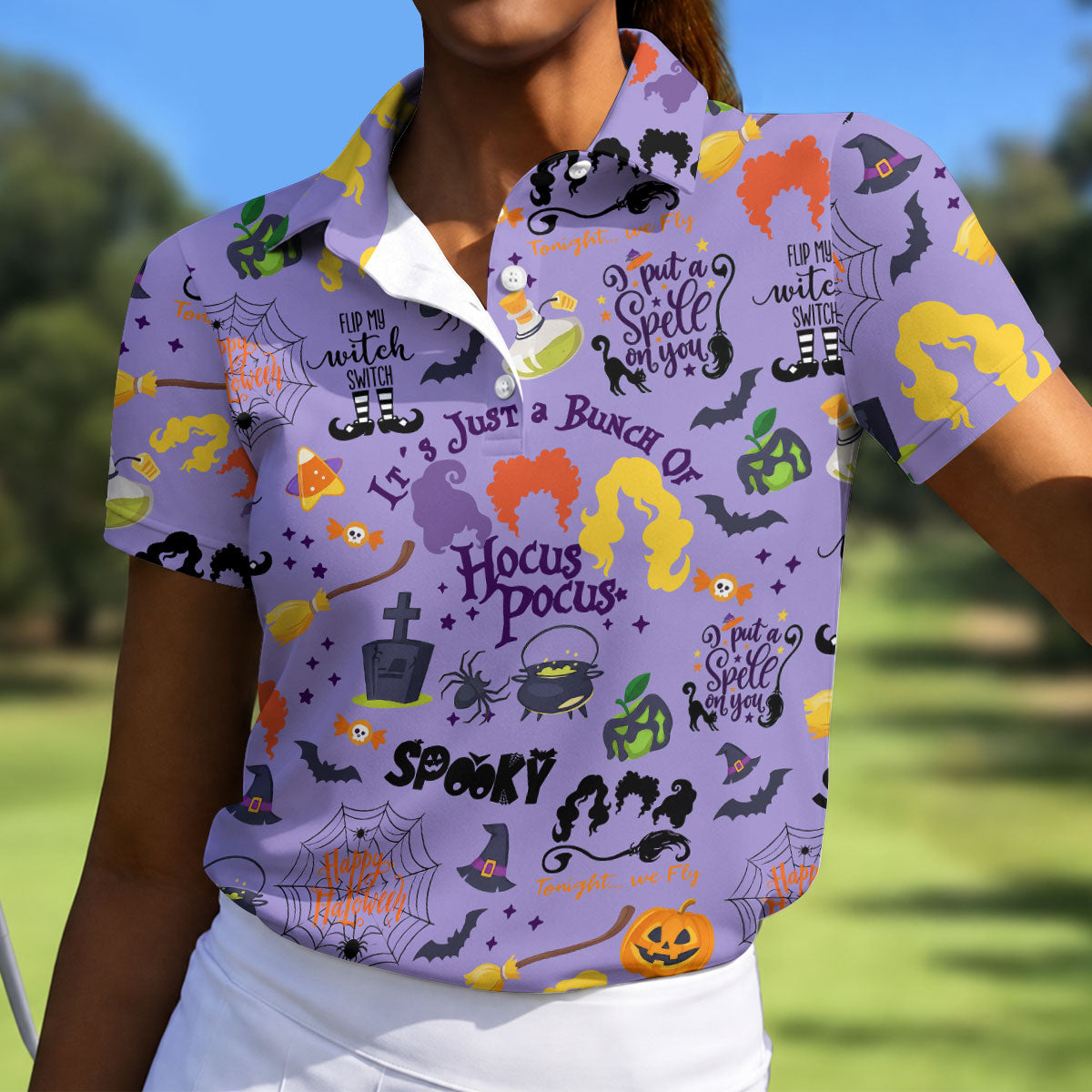 Happy Halloween Witch Spell Pattern Polo Shirt, Women's Golf Polo, Hawaiian Golf Shirt