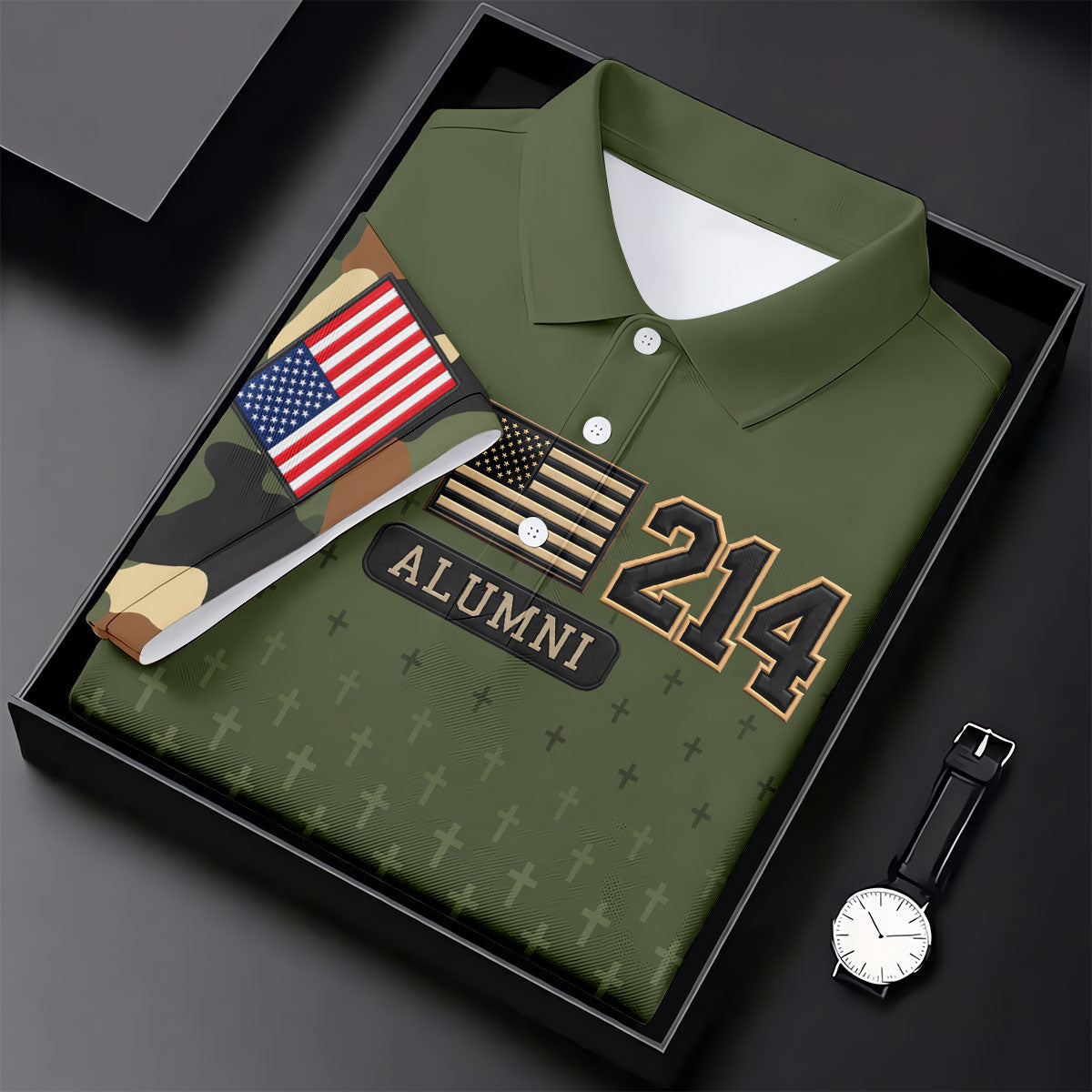 DD-214 Alumni Flag Cross Camo Polo Shirt, Veterans Day Shirt, Golf Tops For Women