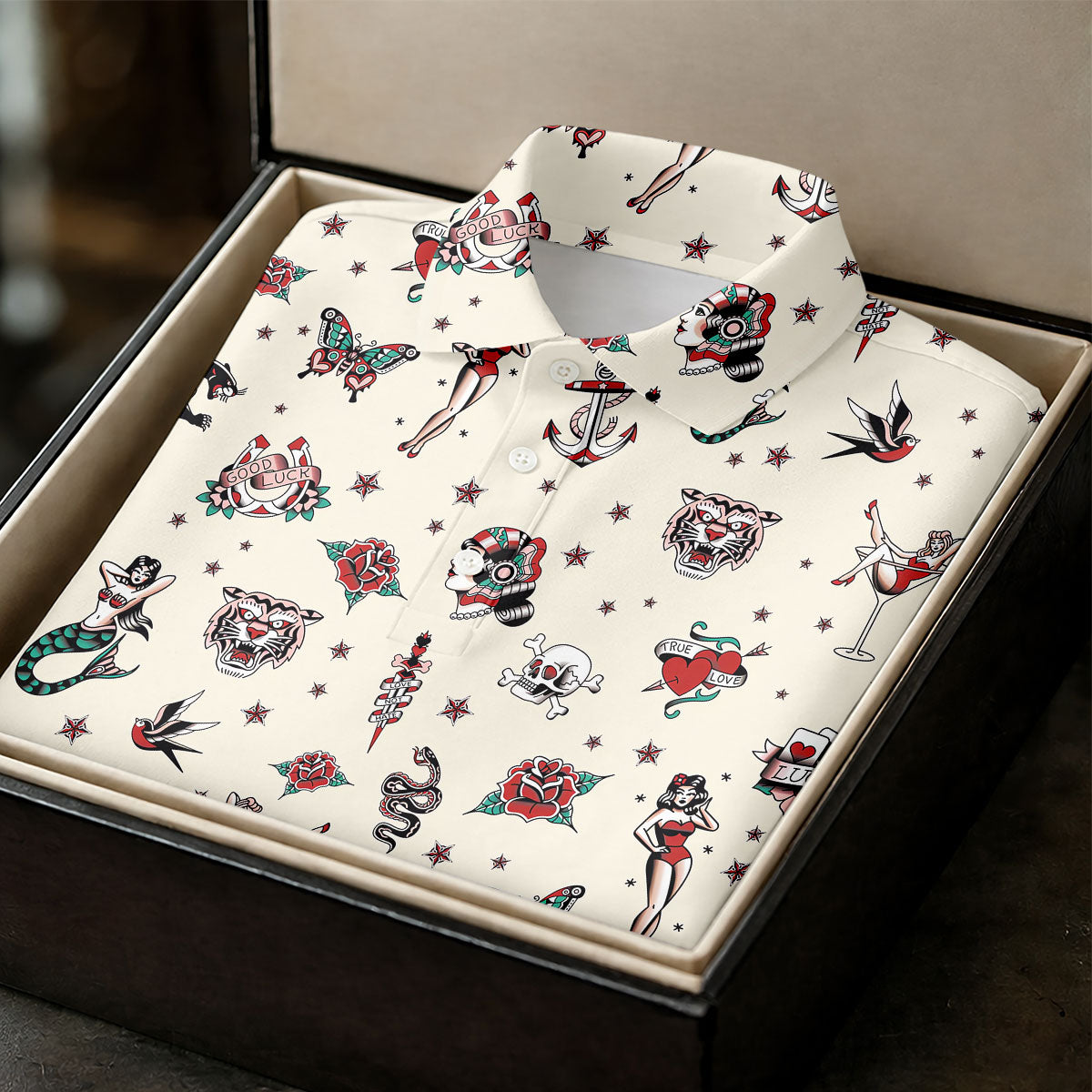 Old School Tattoo Flash Pattern Golf Polo Shirt, Women's Golf Tops, Ladies Golf Shirt