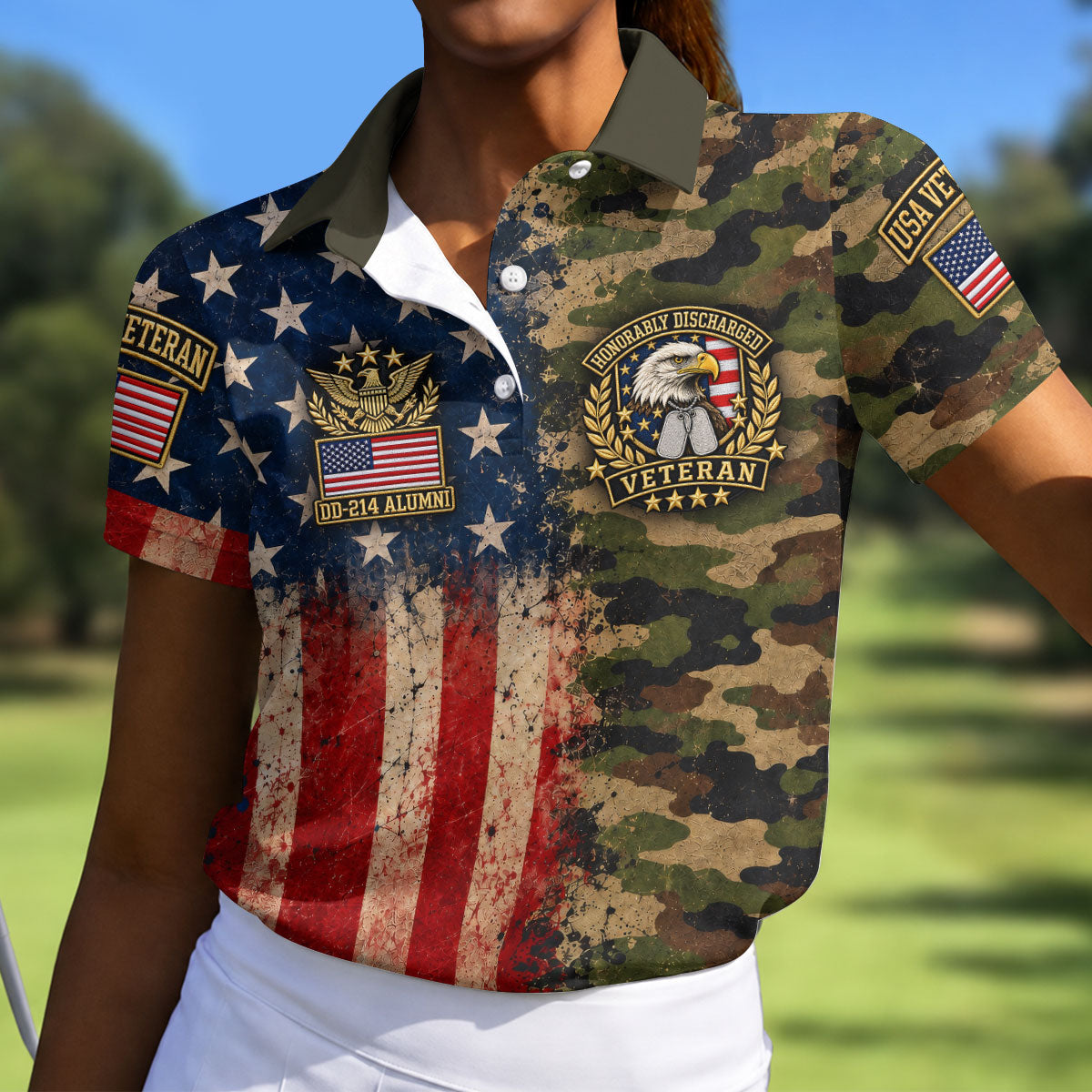 DD-214 Eagle Split USA Flag Camo Polo Shirt, Veterans Day Shirt, Golf Tops For Women