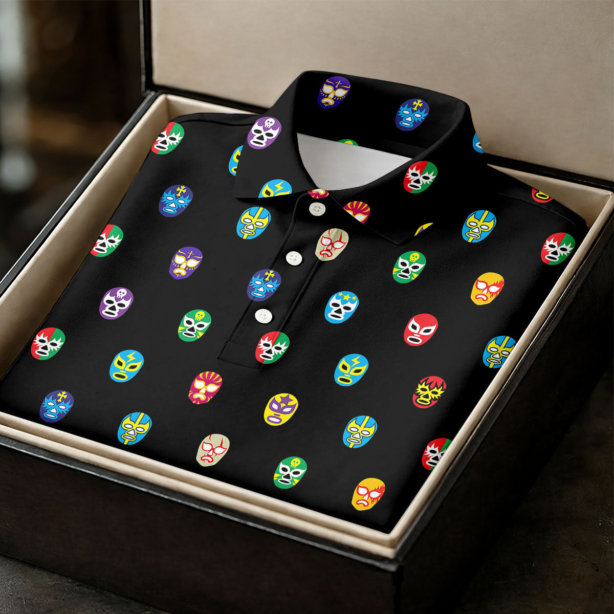 Colorful Retro Mask Print Golf Polo Shirt, Golf Shirts For Men, Printed Golf Shirts