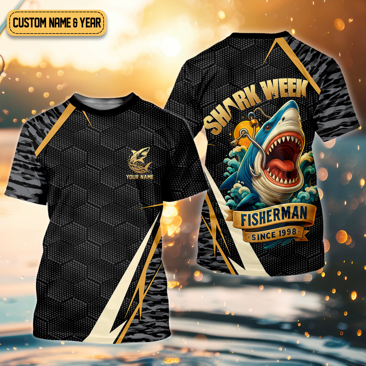 Shark Fishing SPF Shirt, Shark Week Hexagon Pattern Black Fishing Shirt, Female Fishing Shirts