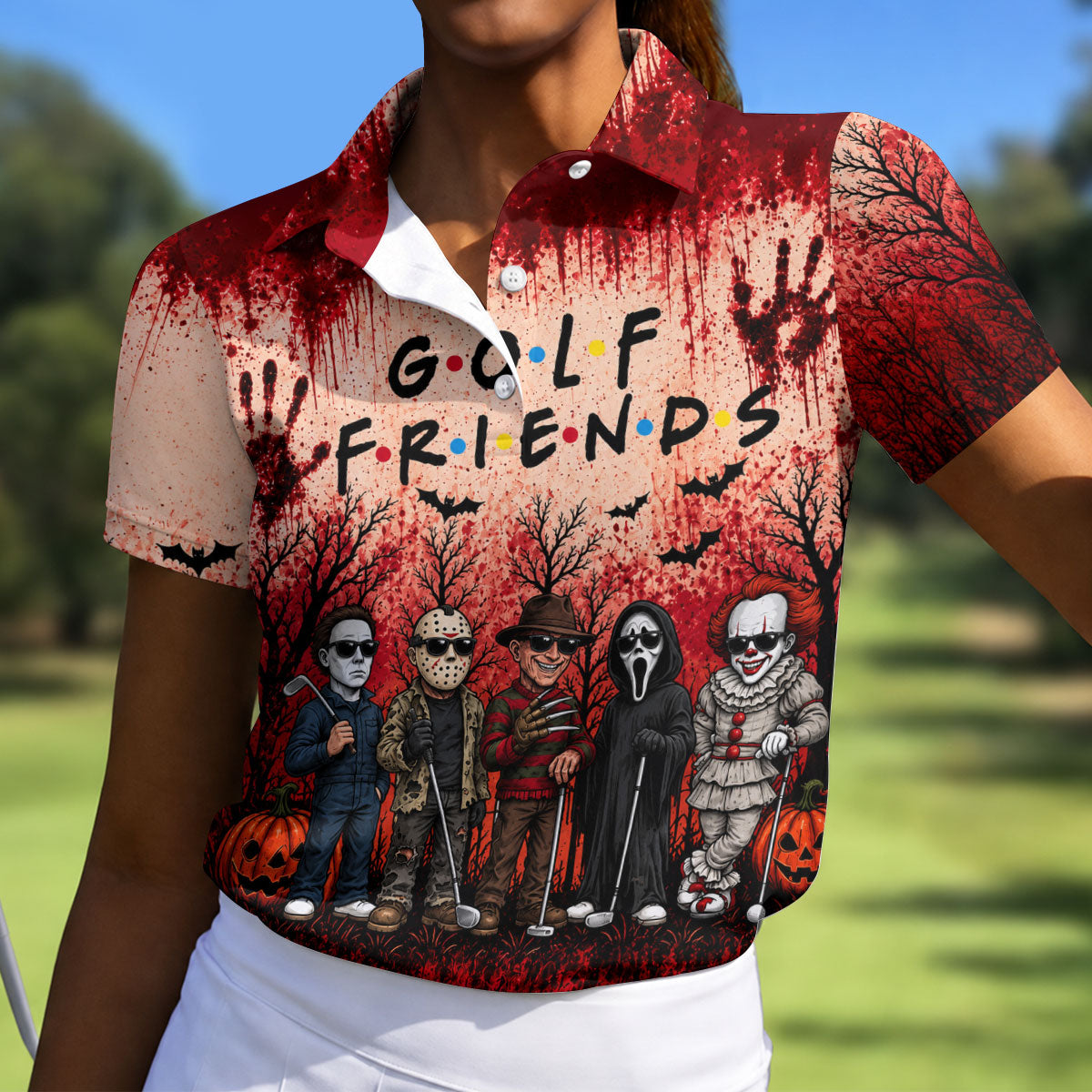 Golf Friends Halloween Horror Character Group Polo Shirt, Women's Golf Polo, Golf Apparel