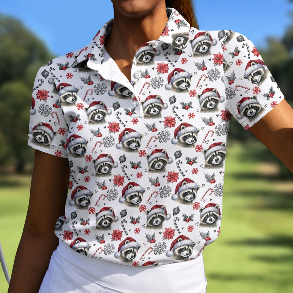 Christmas Raccoon Santa Hat Golf Polo Shirt, Women’s Golf Polo, Golf Tops For Women