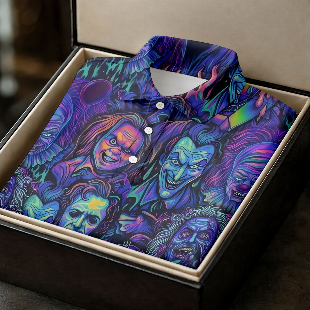 Neon Horror Character Villains Halloween Golf Shirt, Women's Golf Polo, Ladies Golf Tops