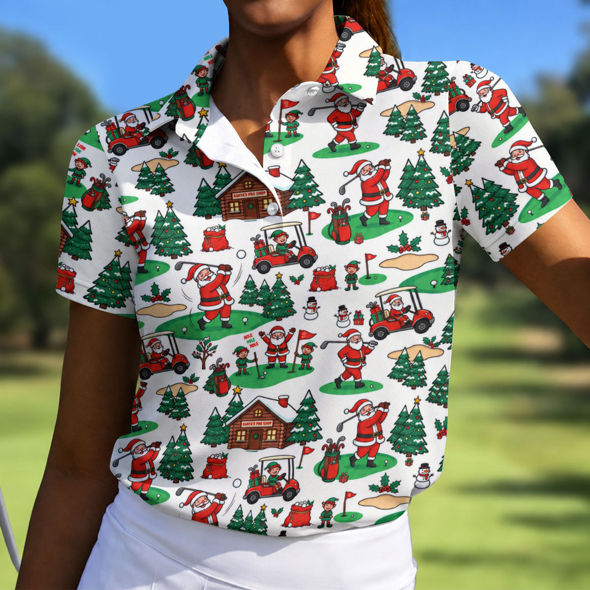 Santa Golf Cart And Elves Christmas Golf Shirt, Womens Golf Tops, Ladies Golf Shirts