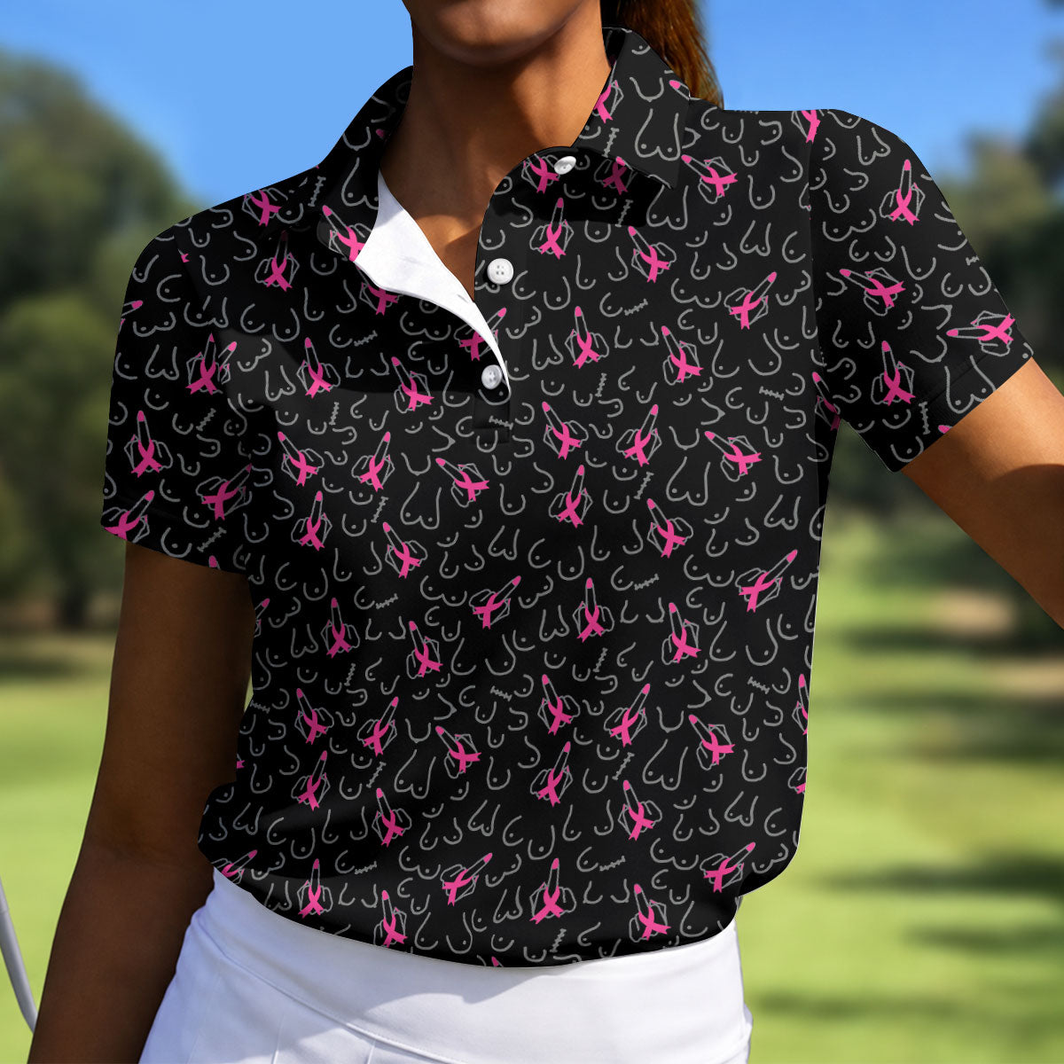Breast Cancer Ribbon Middle Finger Polo Shirt, Women’s Golf Polo, Golf Shirts For Women