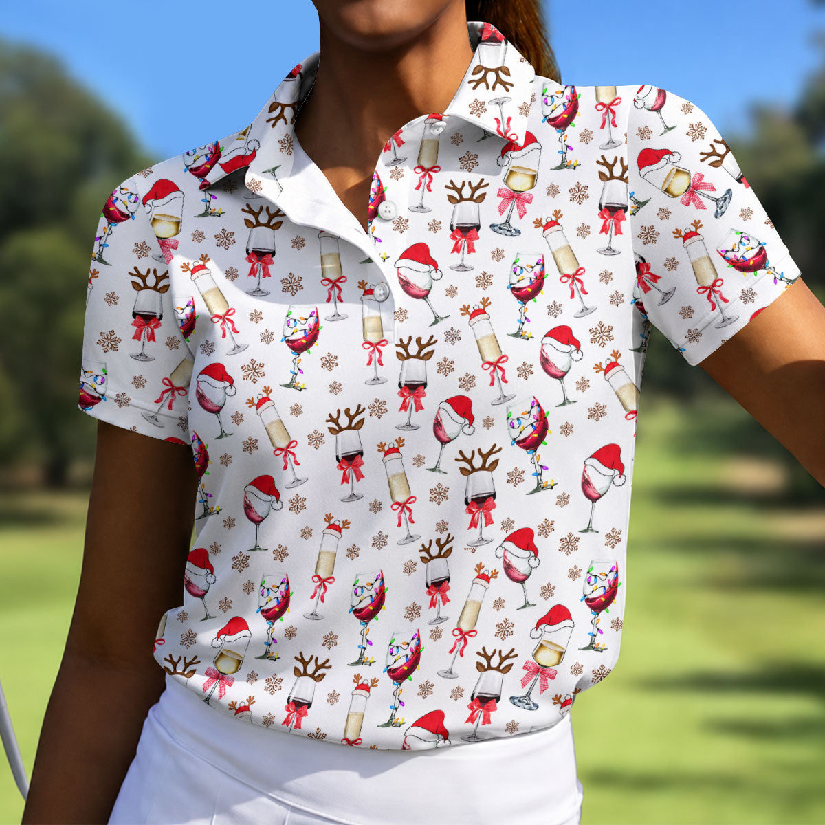 Festive Christmas Wine Glasses Golf Polo Shirt, Women’s Golf Polo, Golf Tops For Women