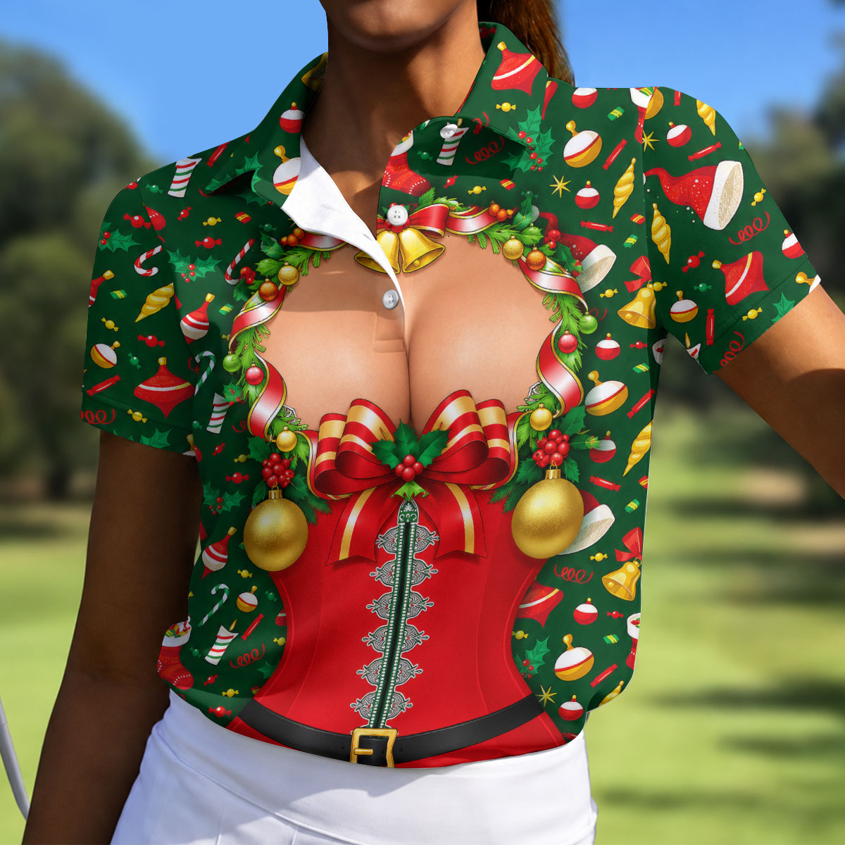 Festive Christmas Corset Bow Golf Polo Shirt, Christmas Golf Shirt, Women’s Golf Apparel