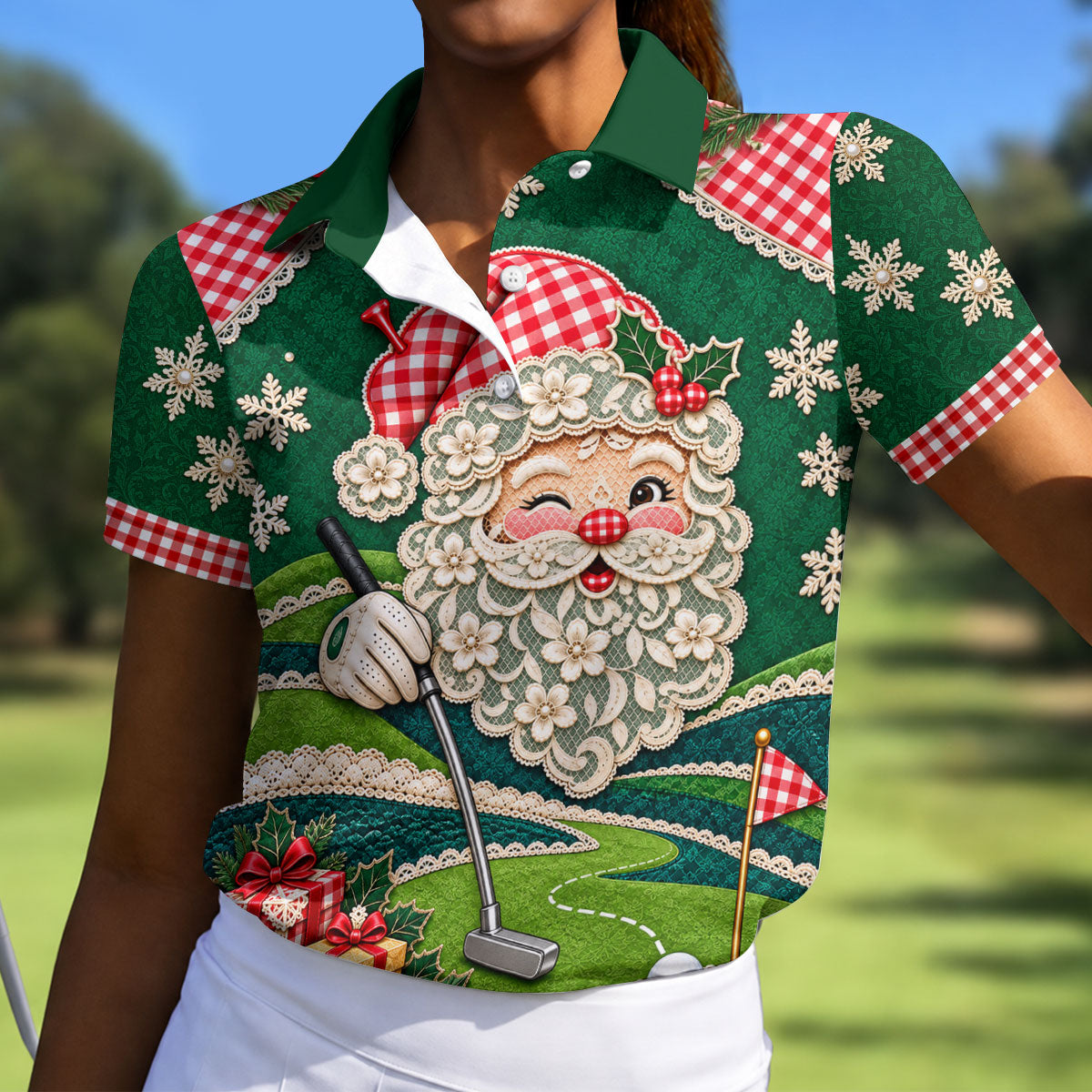 Christmas Winking Santa Polo Shirt, Christmas Golf Shirts, Golf Apparel For Women