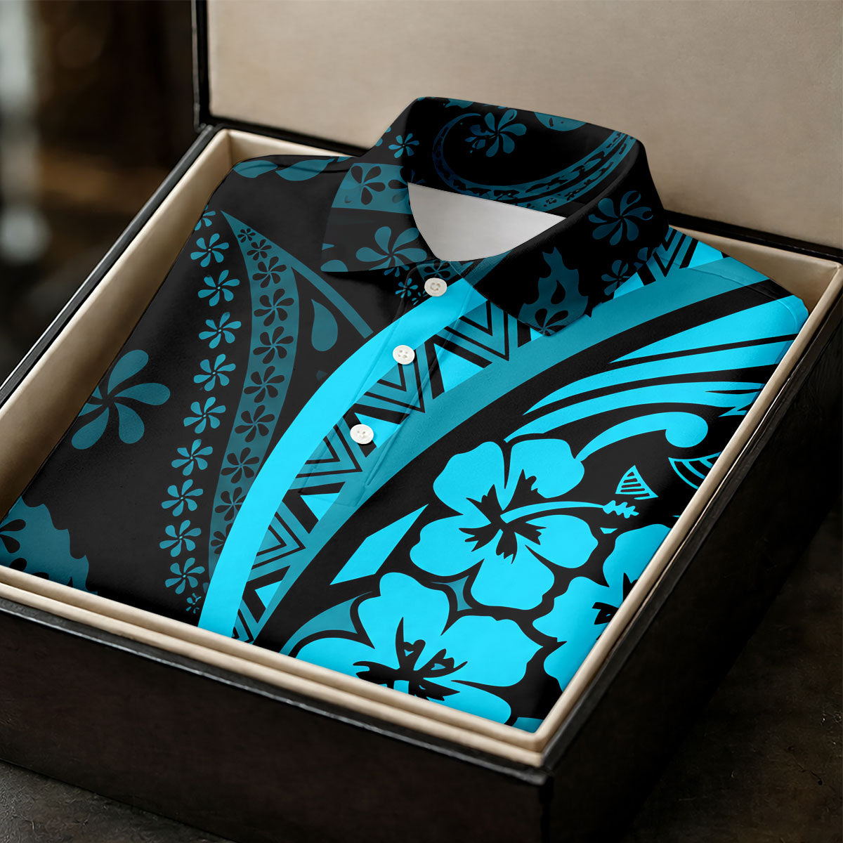 Island Tribal Golf Shirt, Blue Hawaiian Hibiscus Polo, Polo Shirts For Women