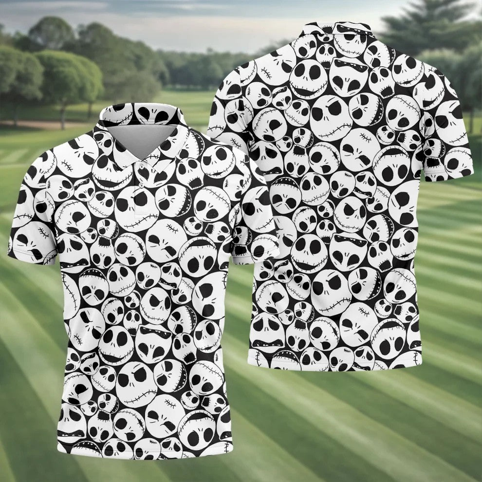 Horror Character Skull Face All Over Golf Polo Shirt, Golf Apparel For Men, Mens Polo Shirts