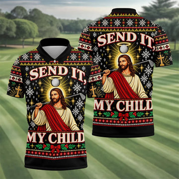 Send It Golf Halo Jesus Christmas Golf Shirt, Mens Golf Apparel, Golf Gifts For Men