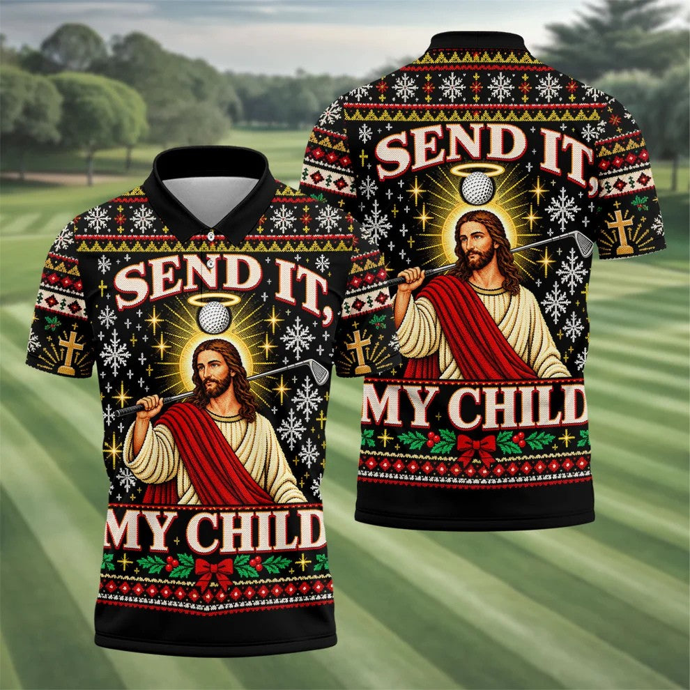 Send It Golf Halo Jesus Christmas Golf Shirt, Mens Golf Apparel, Golf Gifts For Men