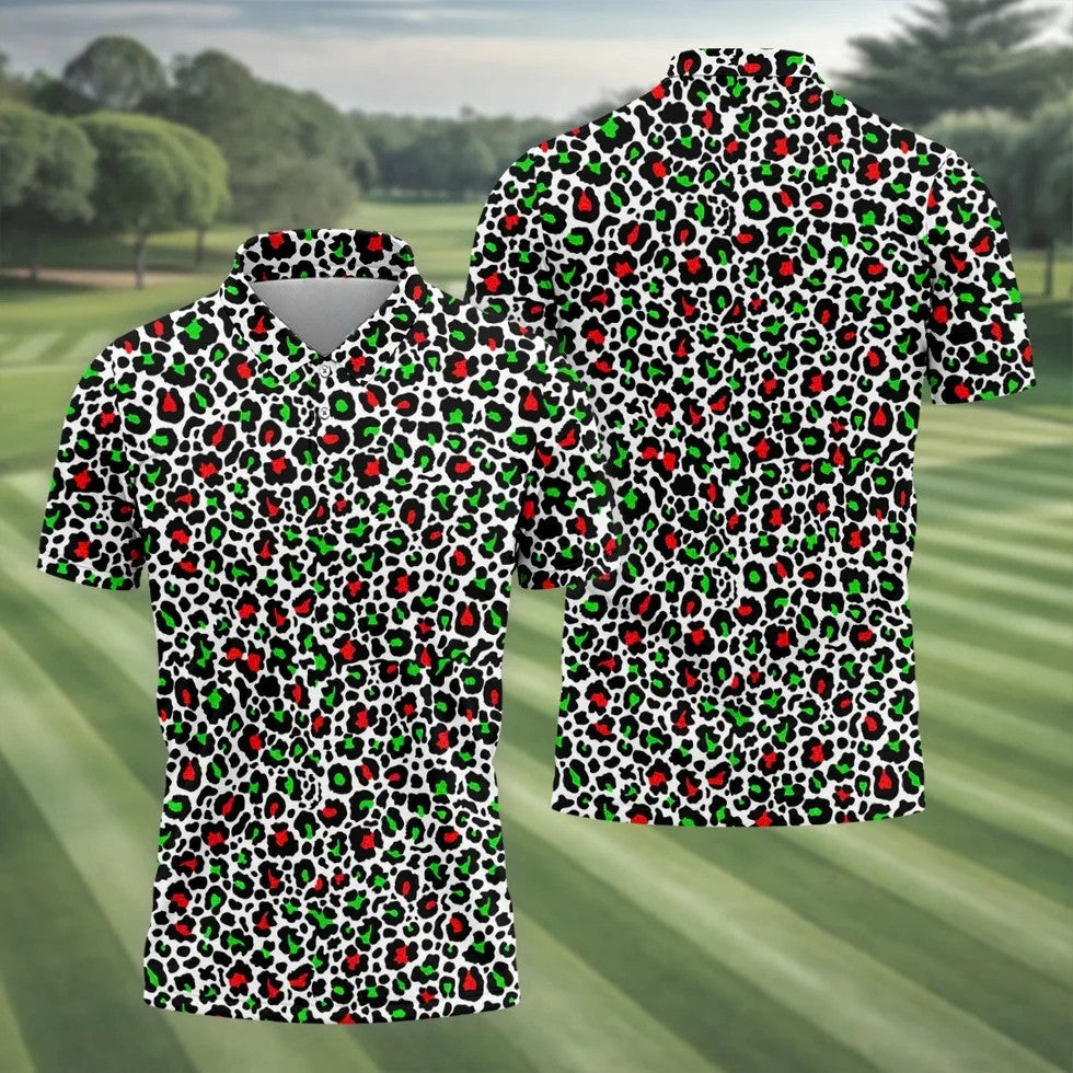 Leopard Pattern Xmas Pine Tree Green And Red Golf Tops For Men, Christmas Golf Shirt, Polo Shirts For Men