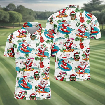 Tropical Christmas Surfing Santa Golf Polo Shirt, Mens Golf Polo, Golf Apparel For Men