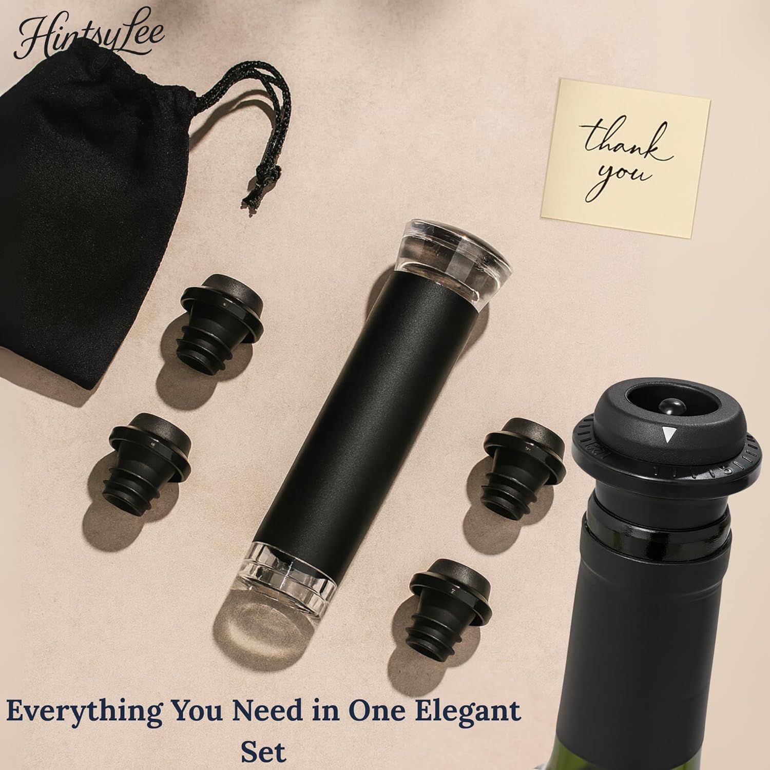 Wine Vacuum Pump & 4 Reusable Stoppers – Airtight Wine Preserver Set Keeps Wine Fresh Up to 15 Days – Manual Wine Saver Bottle Sealer Kit & Gift for Wine Lovers (Black)