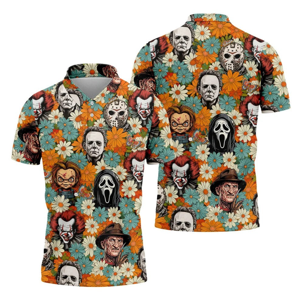Floral Horror Character Halloween Golf Shirt, Mens Golf Apparel, Hawaiian Golf Shirt