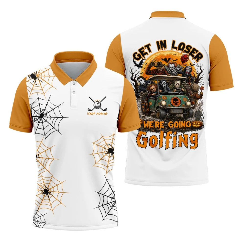 Custom Get In Loser We're Going Golfing Halloween Horror Character Golf Shirt, Golf Shirts For Men