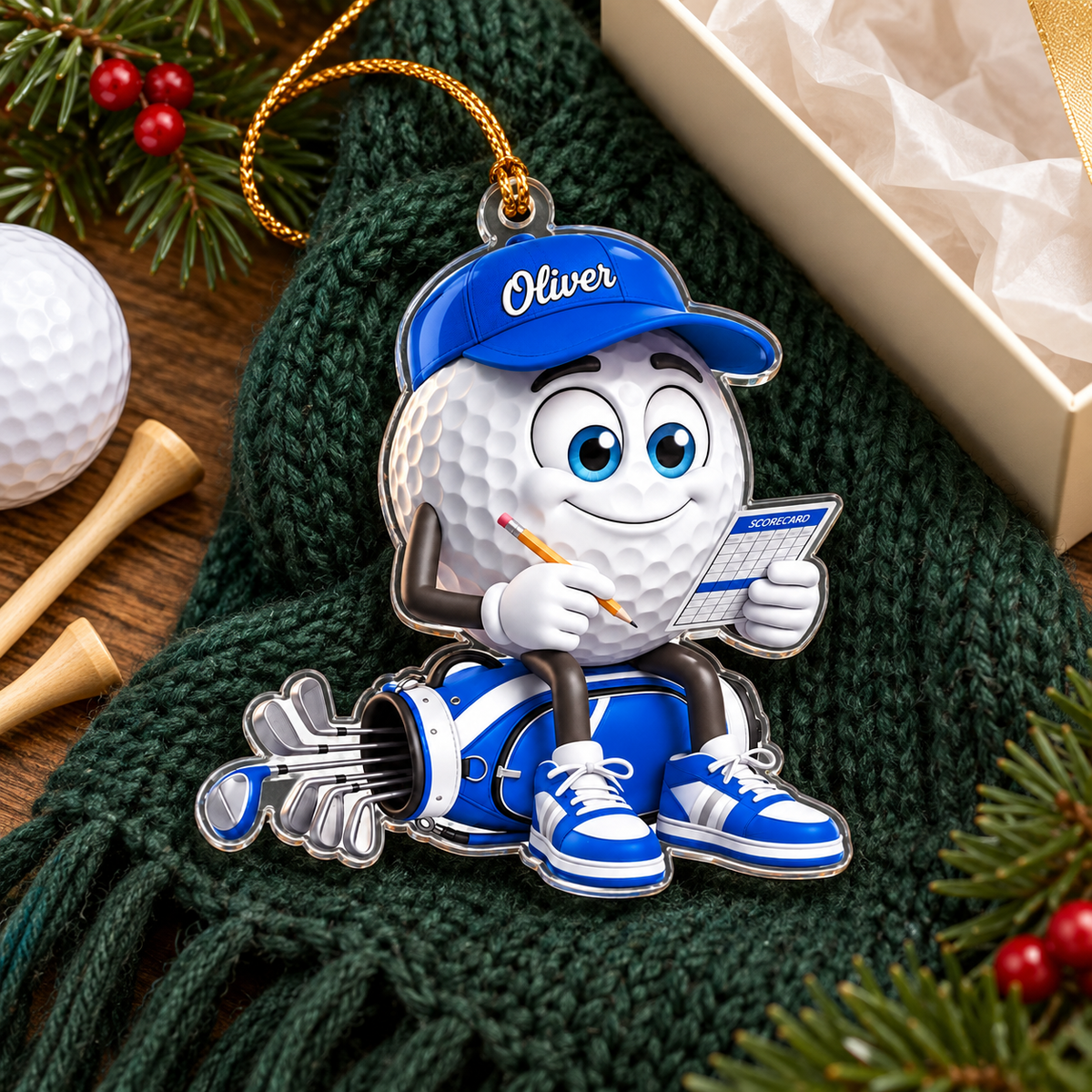 Custom Name Blue Golf Scorecard Acrylic Ornament, Christmas Ornaments, Golf Gifts
