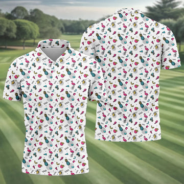 White Retro Summer Flamingo Pattern Golf Polo Shirt, Men's Golf Shirt, Golf Polo Shirts For Men