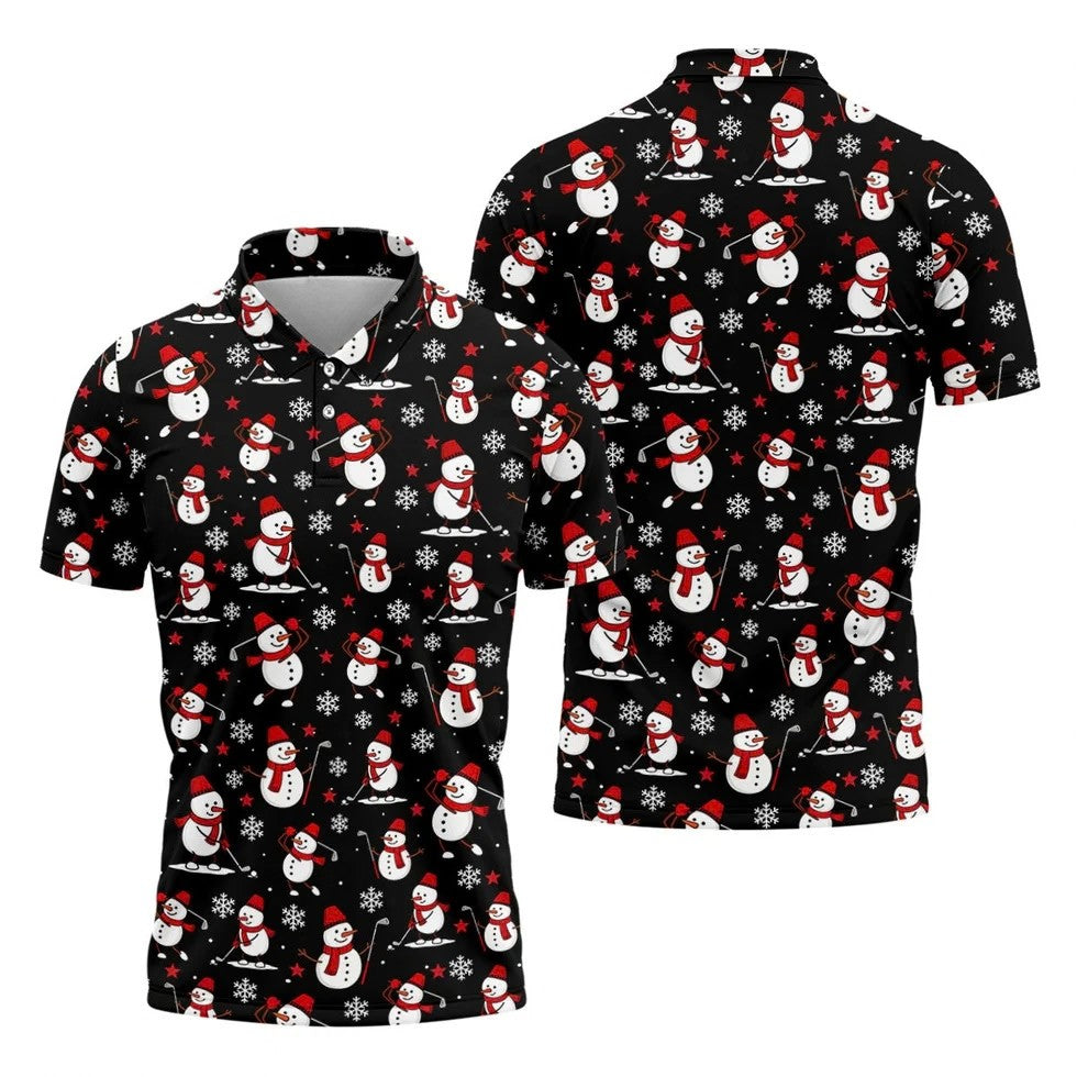 Cute Snowman Golf Pose Black Golf Shirt, Christmas Golf Shirt, Golf Shirts For Men, Golf Gift For Men