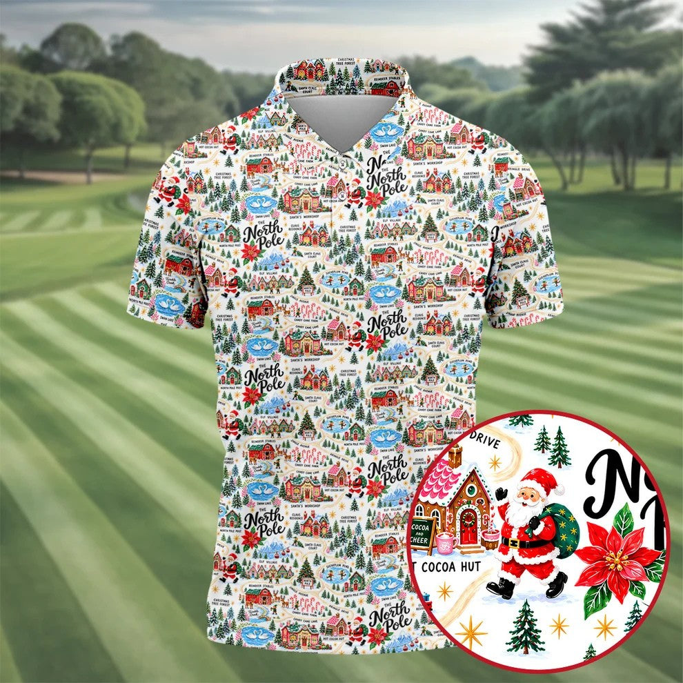 North Pole Village Map Christmas Golf Shirt, Golf Polo For Men, Mens Golf Apparel