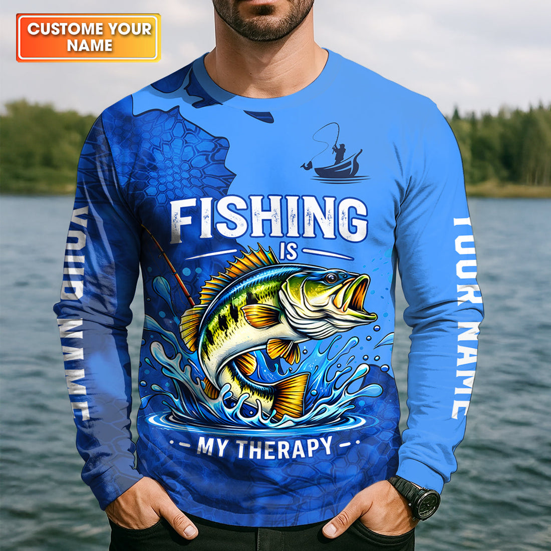Fishing Is My Therapy – Personalized Bass Fishing UPF Shirt, Fishing Shirt for Men