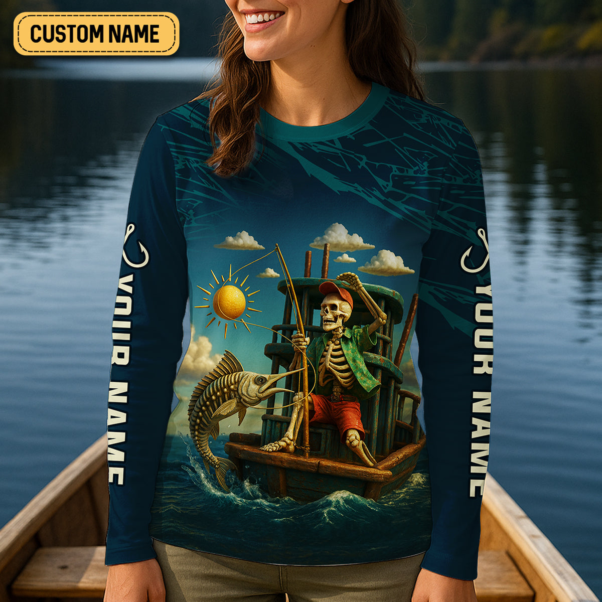 Born To Fish Forced To Work Funny Skeleton Fishing UPF Shirts, Female Fishing Shirts, Women Fishing Shirt