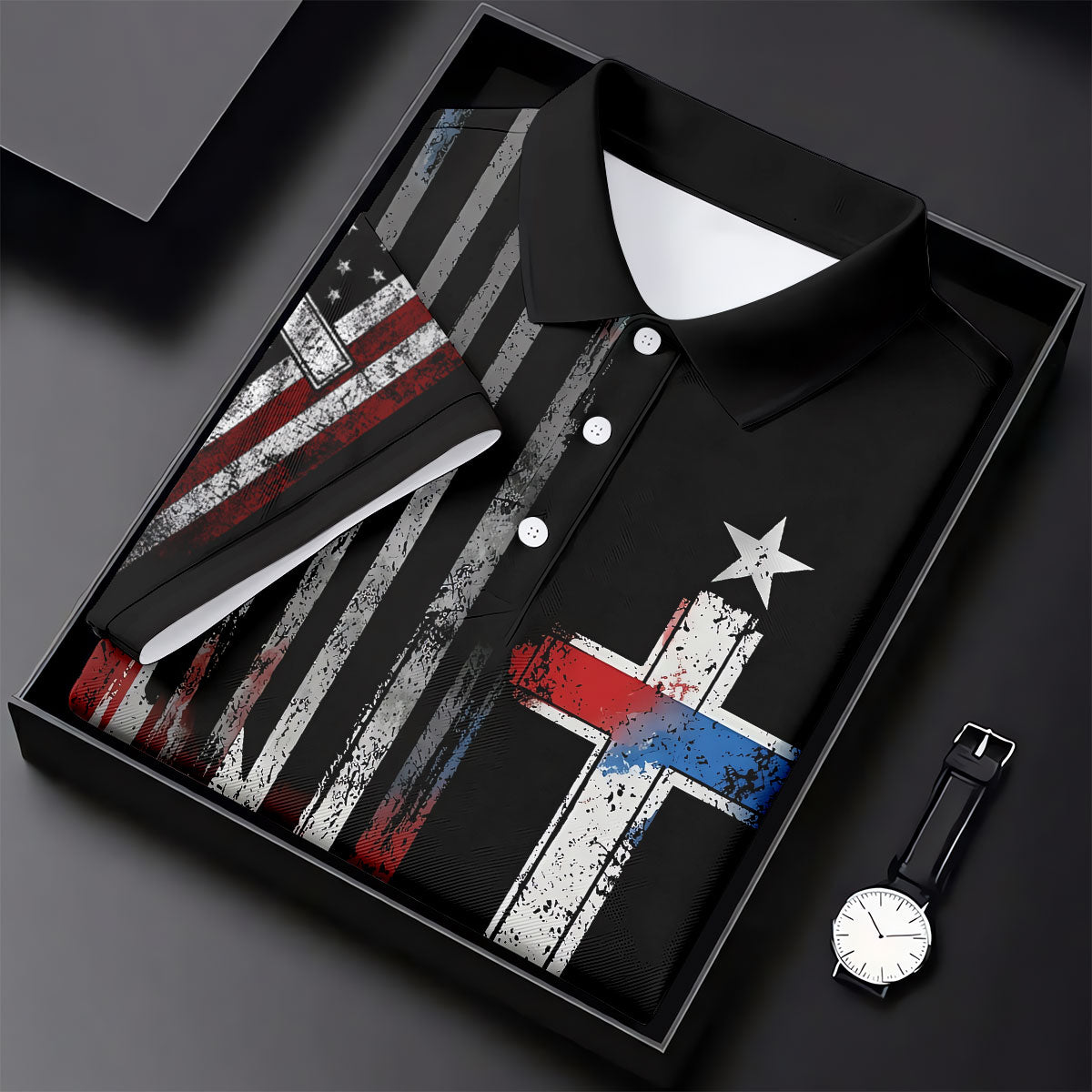 Faith Cross US Flag Golf Shirt, 250 Years Retro Golf Shirt, Patriotic 4th Of July Polo Shirts For Men