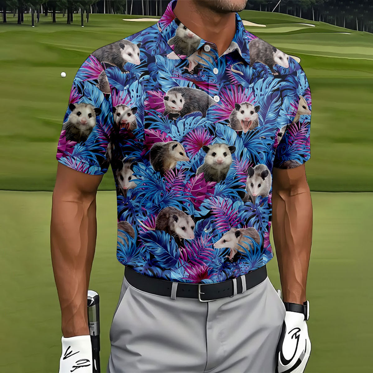 Funny Opossum Blue Purple Hawaiian Golf Shirt, Tropical Theme Golf Shirts For Men
