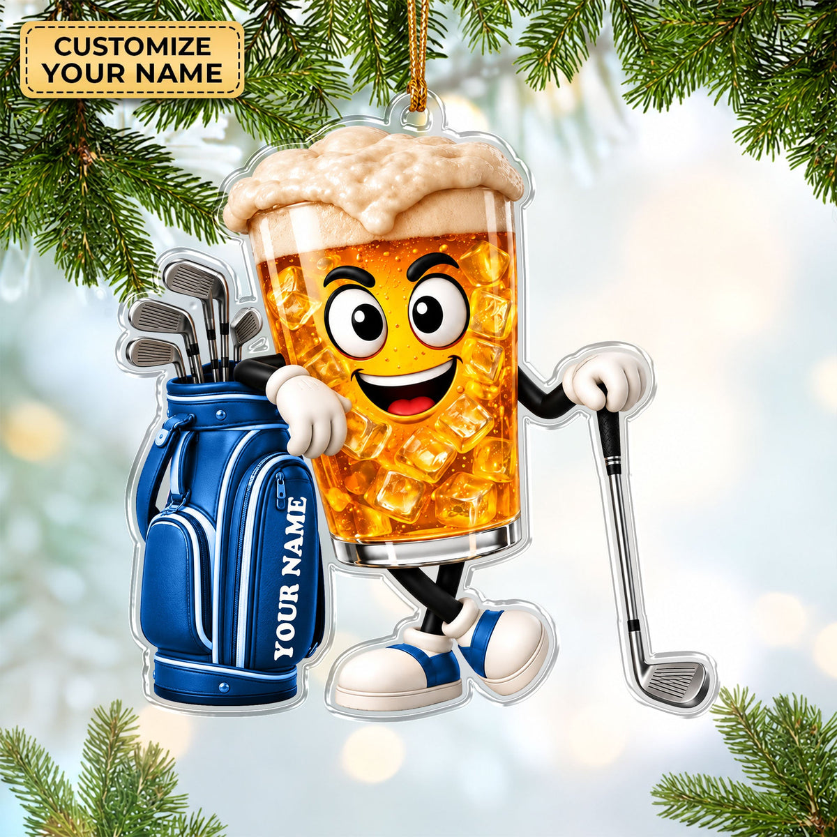 Custom Name Beer Glass Golf Acrylic Ornament, Golf Lover Gifts, Christmas Ornaments
