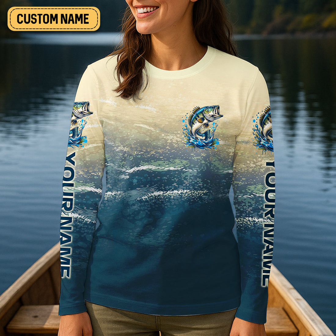 Fishing Is My Therapy Navy And Beige Fishing UPF Shirts, Fishing Shirt For Women, Female Fishing Shirts