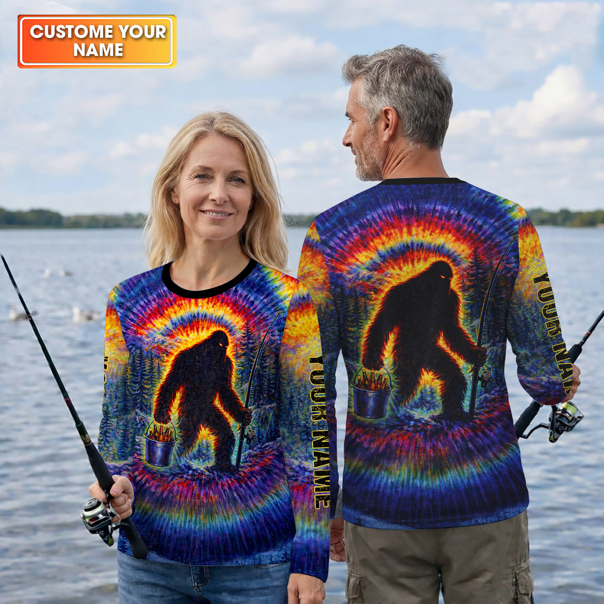 Bigfoot Fishing Beer Bucket Rainbow Swirl Funny Fishing Shirt, Fishing UPF Shirts, Fishing Shirts For Men