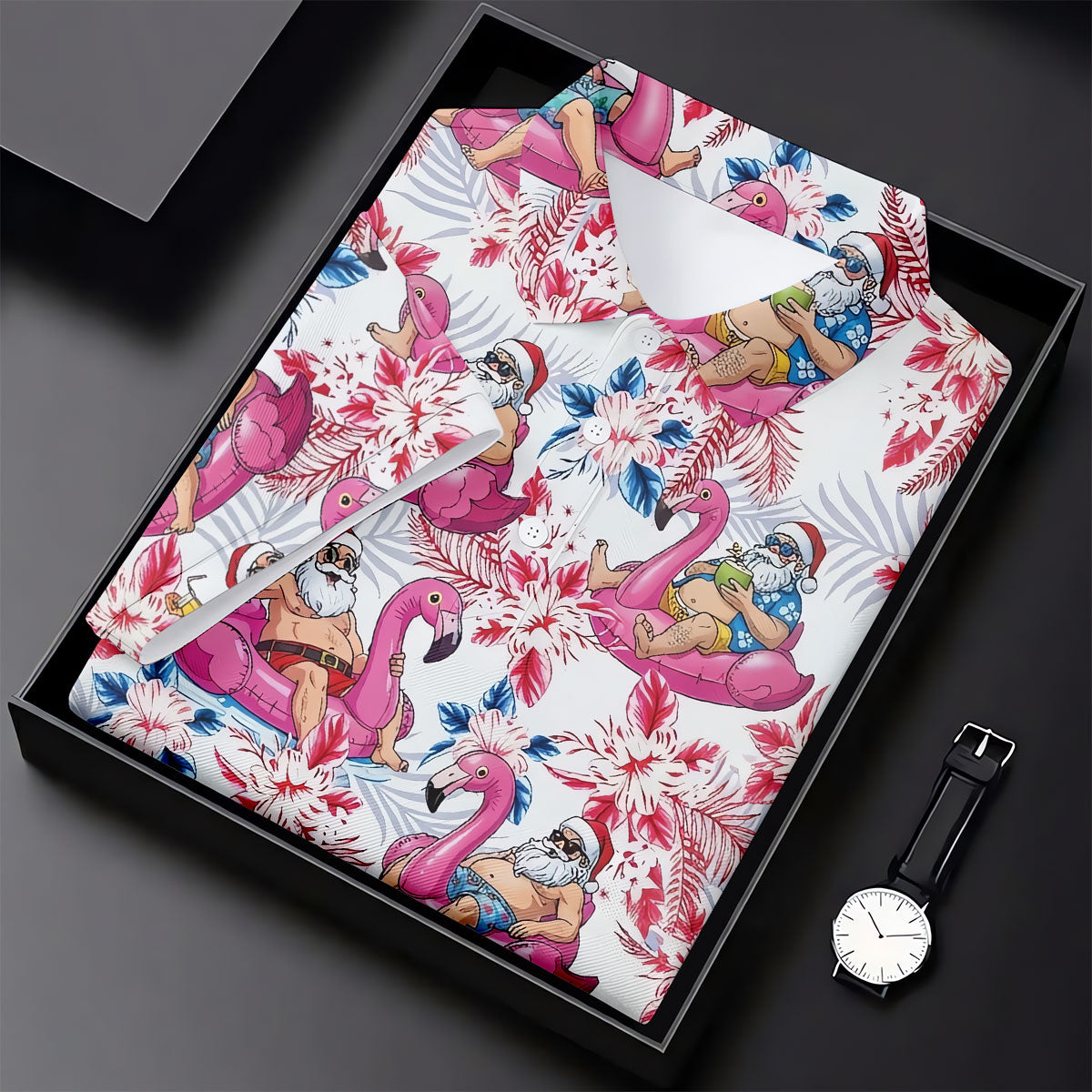 Funny Tropical Santa Flamingo Christmas Polo Shirt, Mens Golf Polo, Hawaiian Golf Shirt