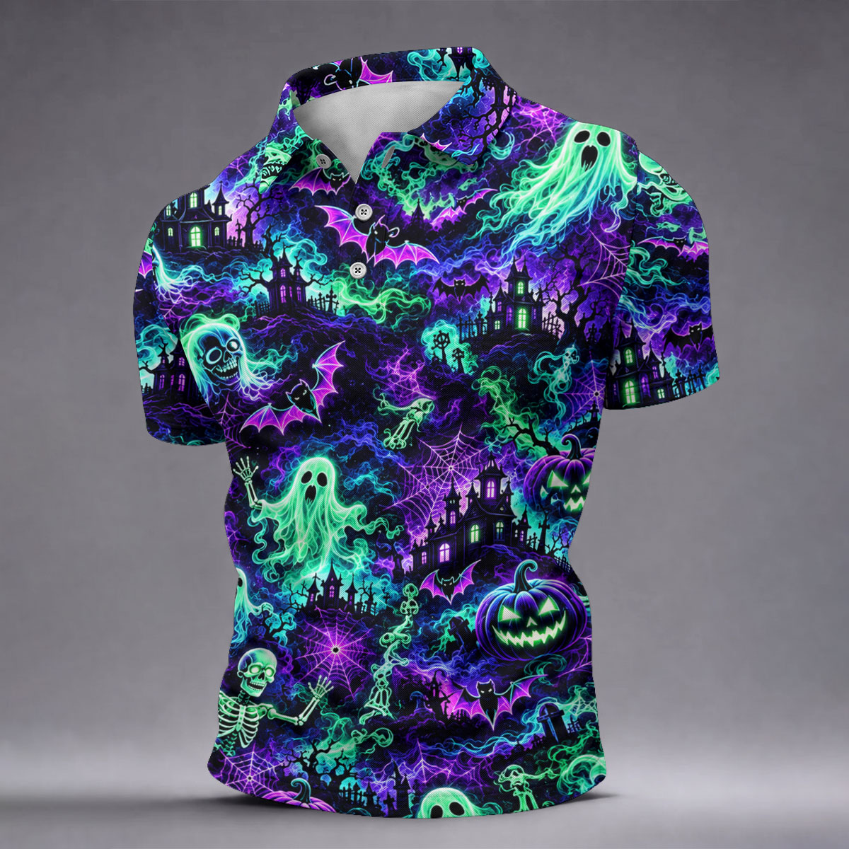 Neon Ghost Skeleton Halloween Horror Character Polo Shirt, Golf Shirt, Mens Golf Polo