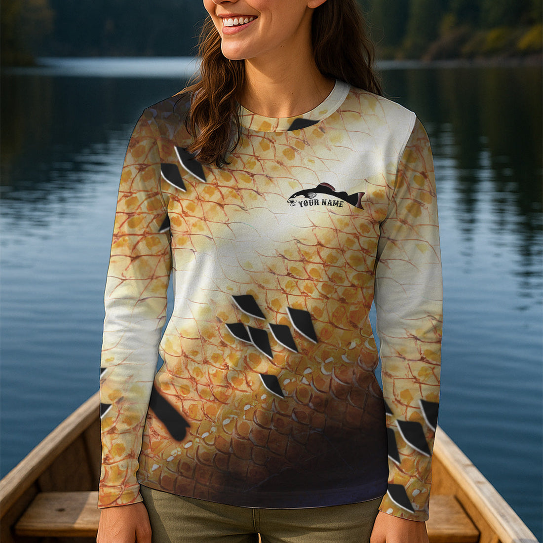 Yellow Fish Scale Fishing UPF Shirts, Ladies Long Sleeve Fishing Shirt, Women Fishing Shirt