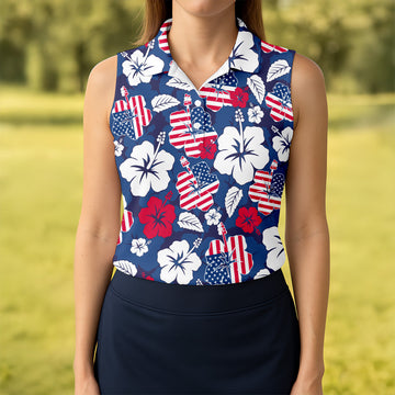 Tropical Hibiscus American Flag Womens Golf Polo Shirt4th Of July Shirts, US 250 Anniversary Ladies Golf Shirt