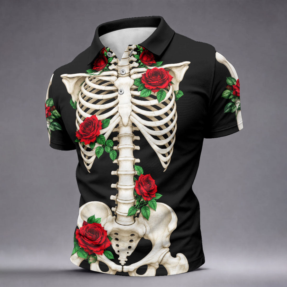 Skeleton Rib Cage And Red Roses Halloween Polo Shirt, Polo Shirts For Men, Mens Golf Shirts